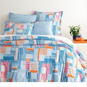 Annie Selke Block Stripe Blue/Tangerine Duvet Cover, Full/Qn & 2 Euro Shams NWOT